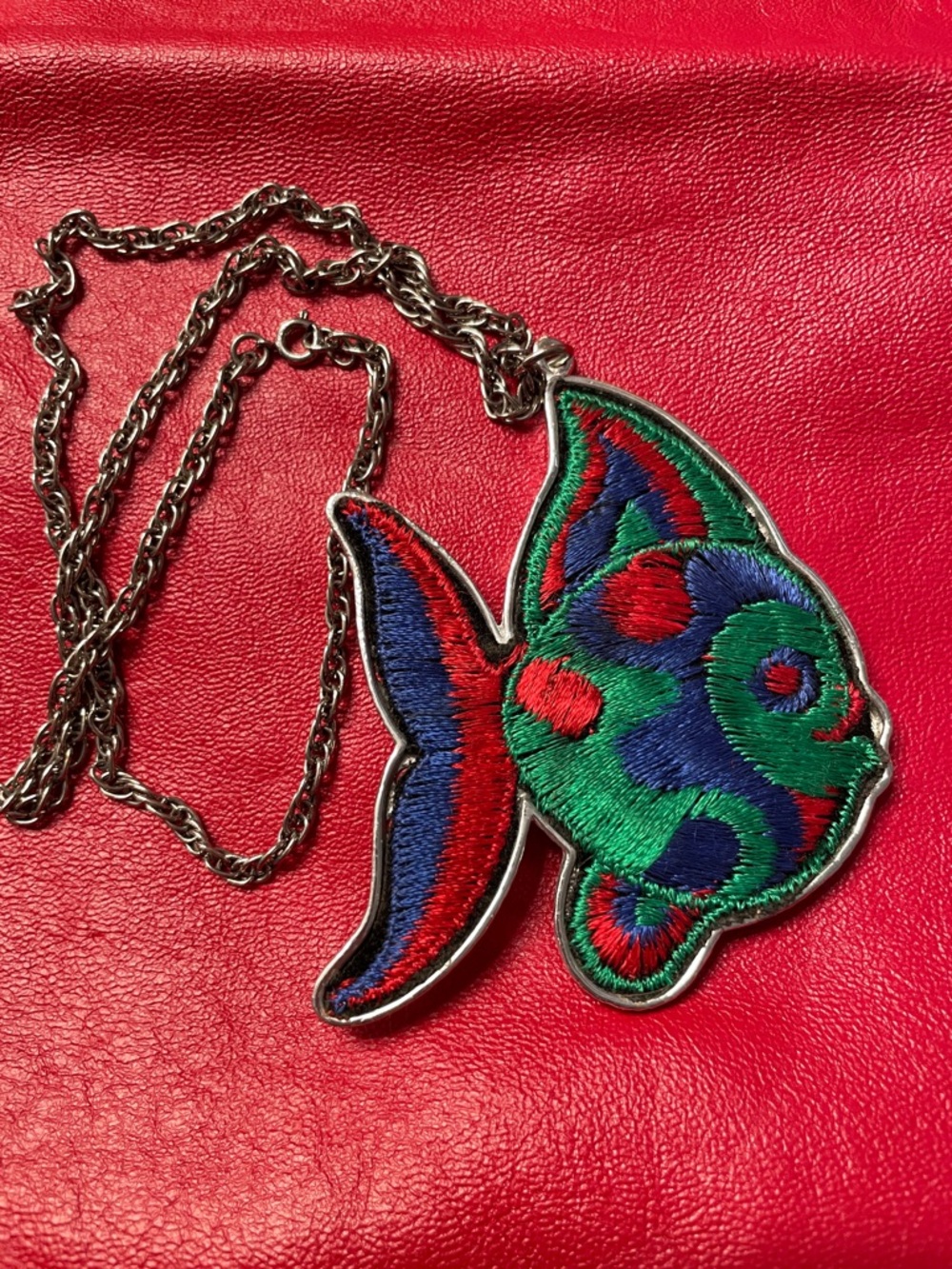 Vintage BJ Embroidered Fish Pendant Necklace in Green & Blue. So fun!!
